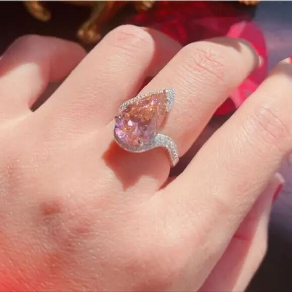 Pink water drop diamond ring sz 8 - Picture 3 of 6